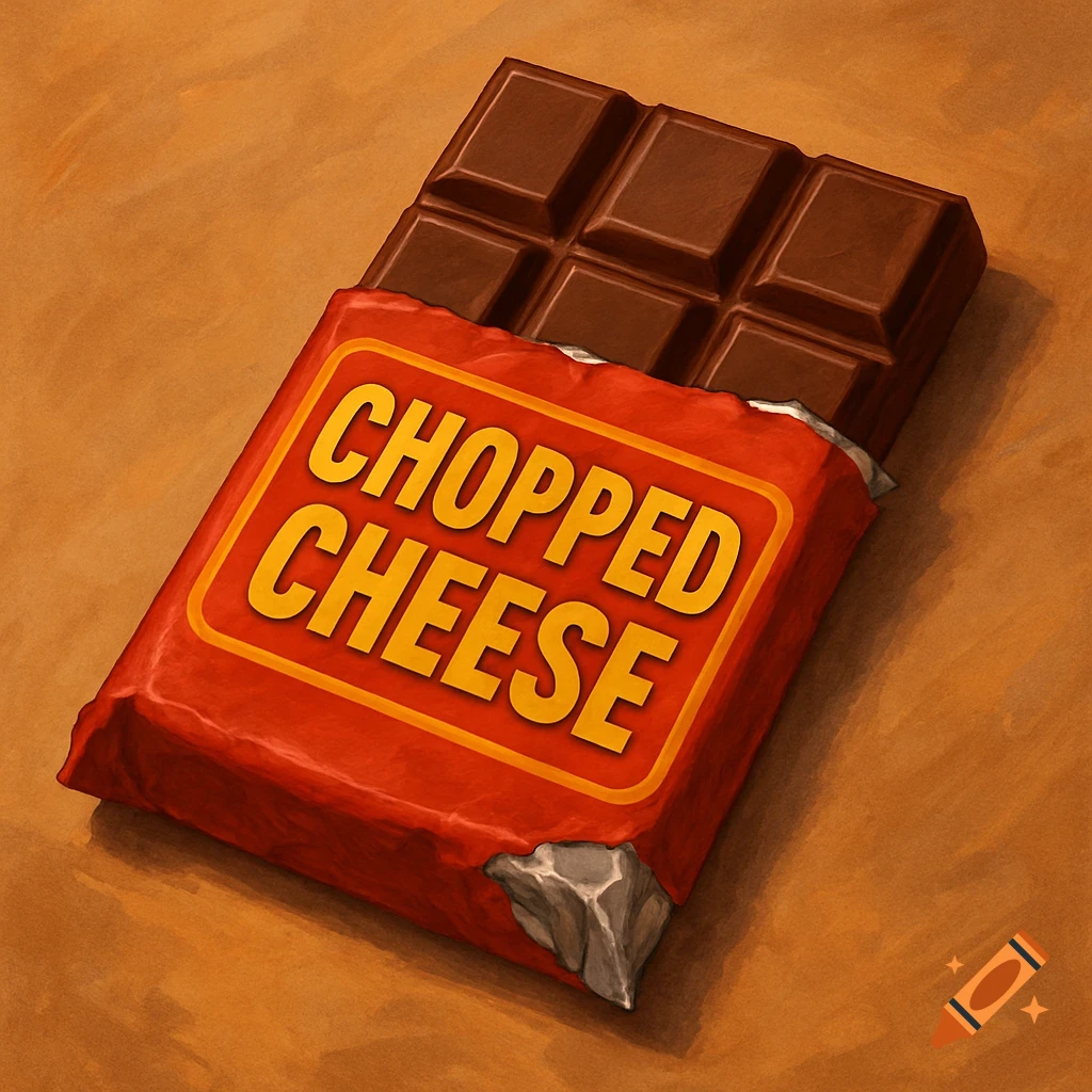 A partially unwrapped chocolate bar with 'CHOPPED CHEESE' on the red wrapper, digital painting style.