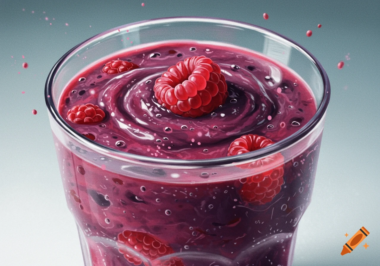 Close-up of a red berry smoothie in a glass with raspberries