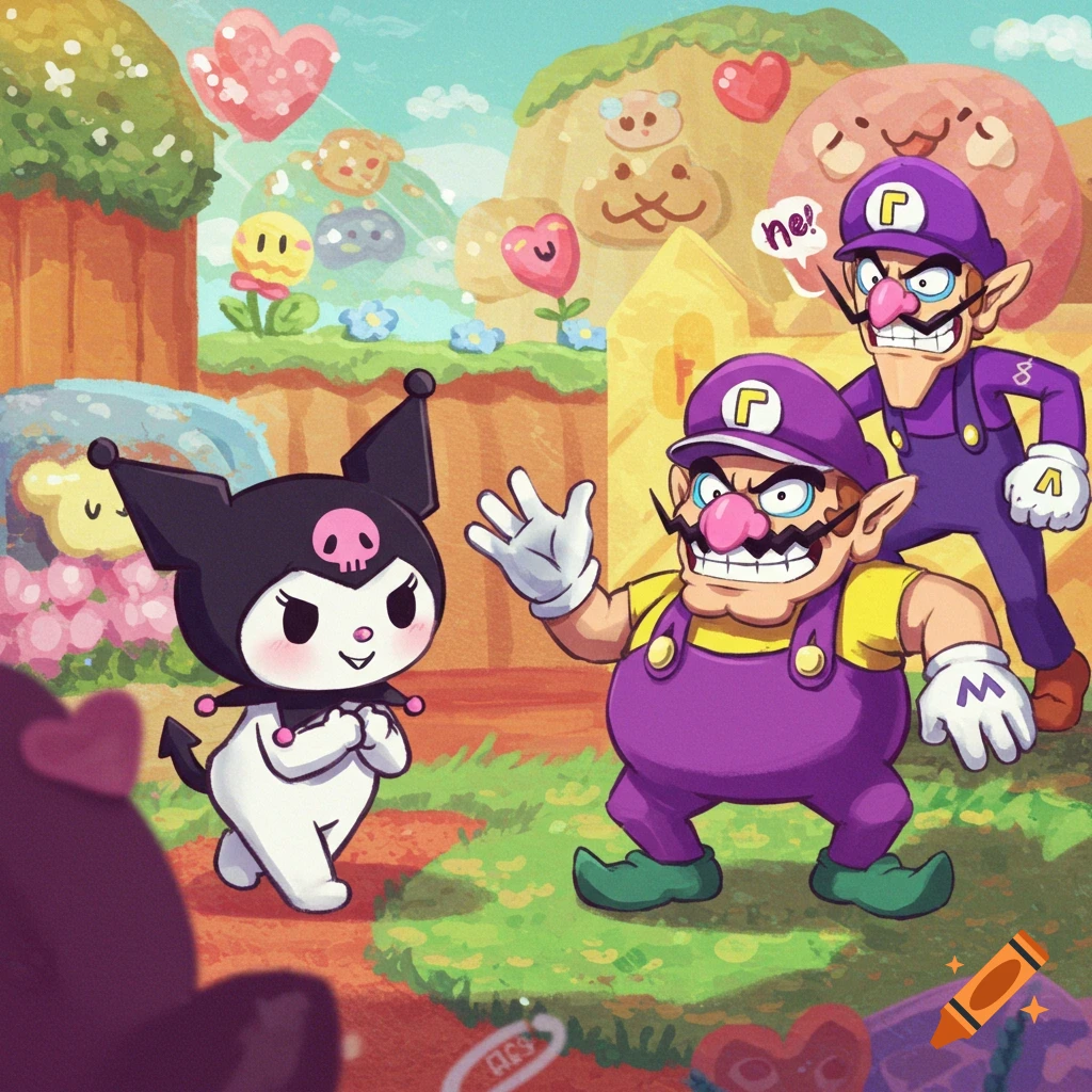 Kuromi meets Wario and Waluigi in a colorful cartoon landscape.