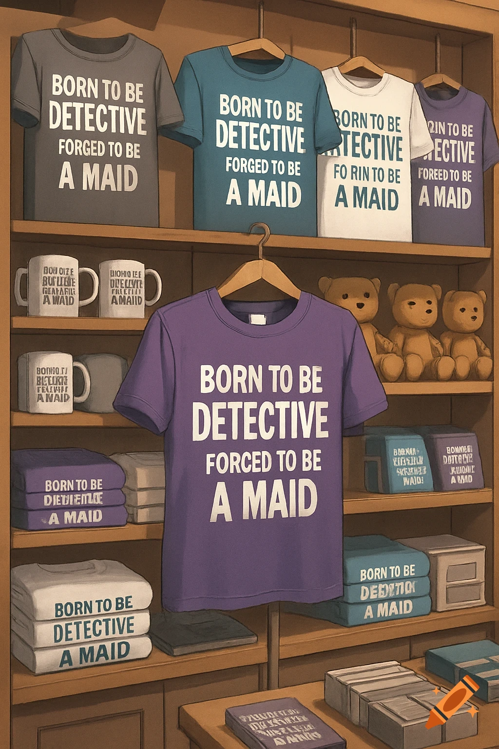 A gift shop shelf displays t-shirts and mugs. The shirts read "Born to be Detective Forged to be a Maid".