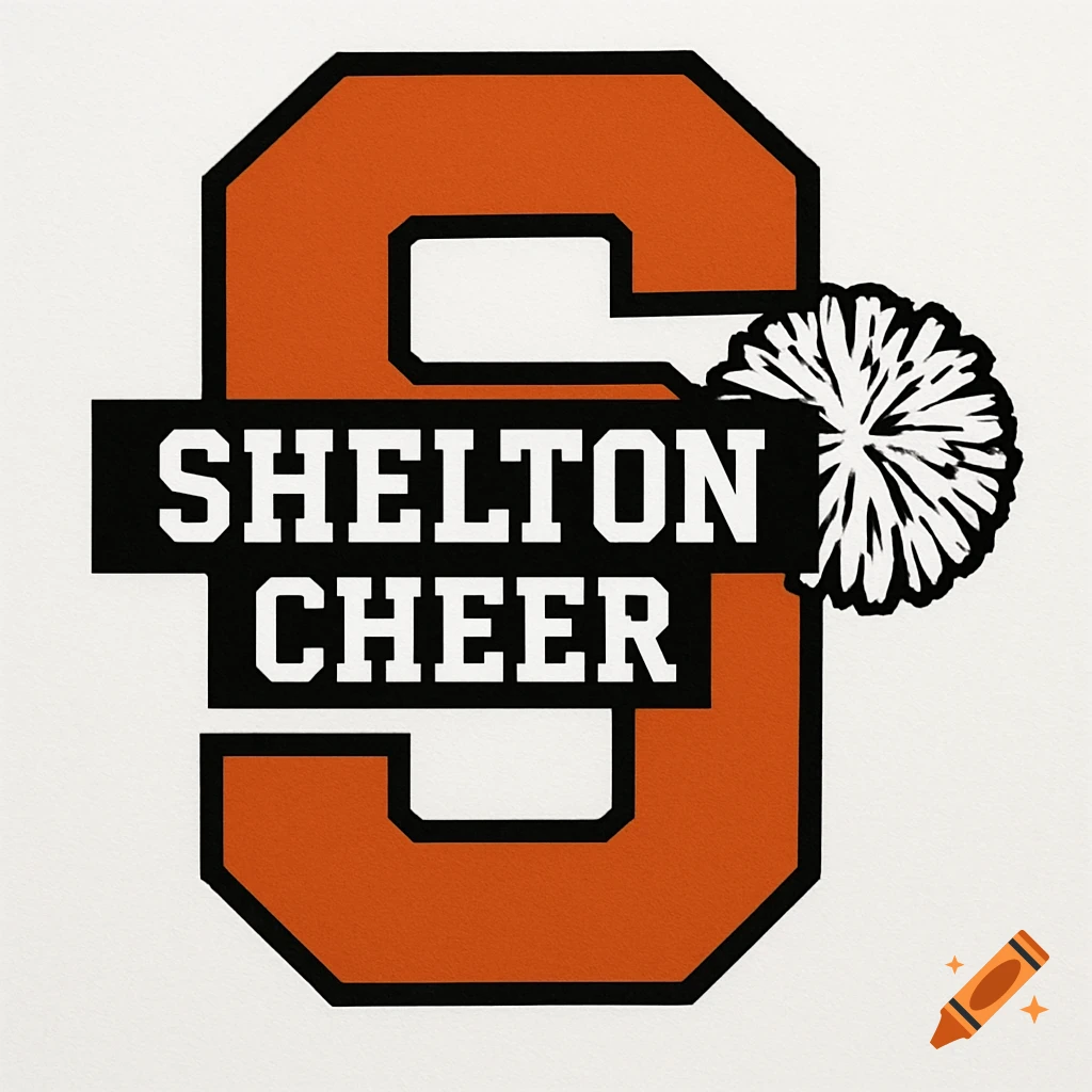 Orange letter S logo with black border and a band across it saying SHELTON CHEER in white text, with a white pom-pom.
