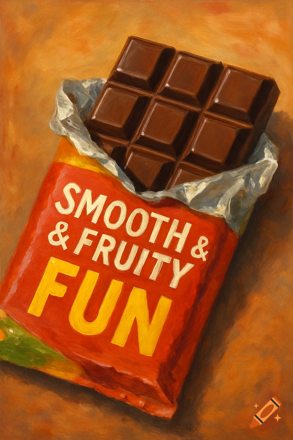 Painting of a chocolate bar in a wrapper labeled 'Smooth & Fruity Fun'.