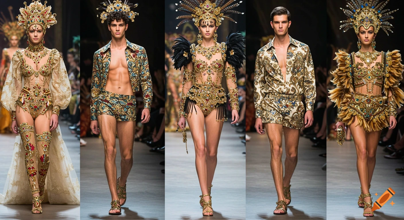 Models in elaborate, carnival-inspired bejeweled costumes on a fashion runway.