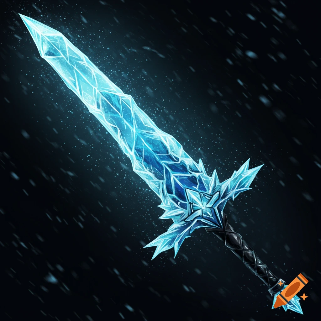 A detailed illustration of a glowing blue ice sword with a dark hilt, against a dark, snowy background.