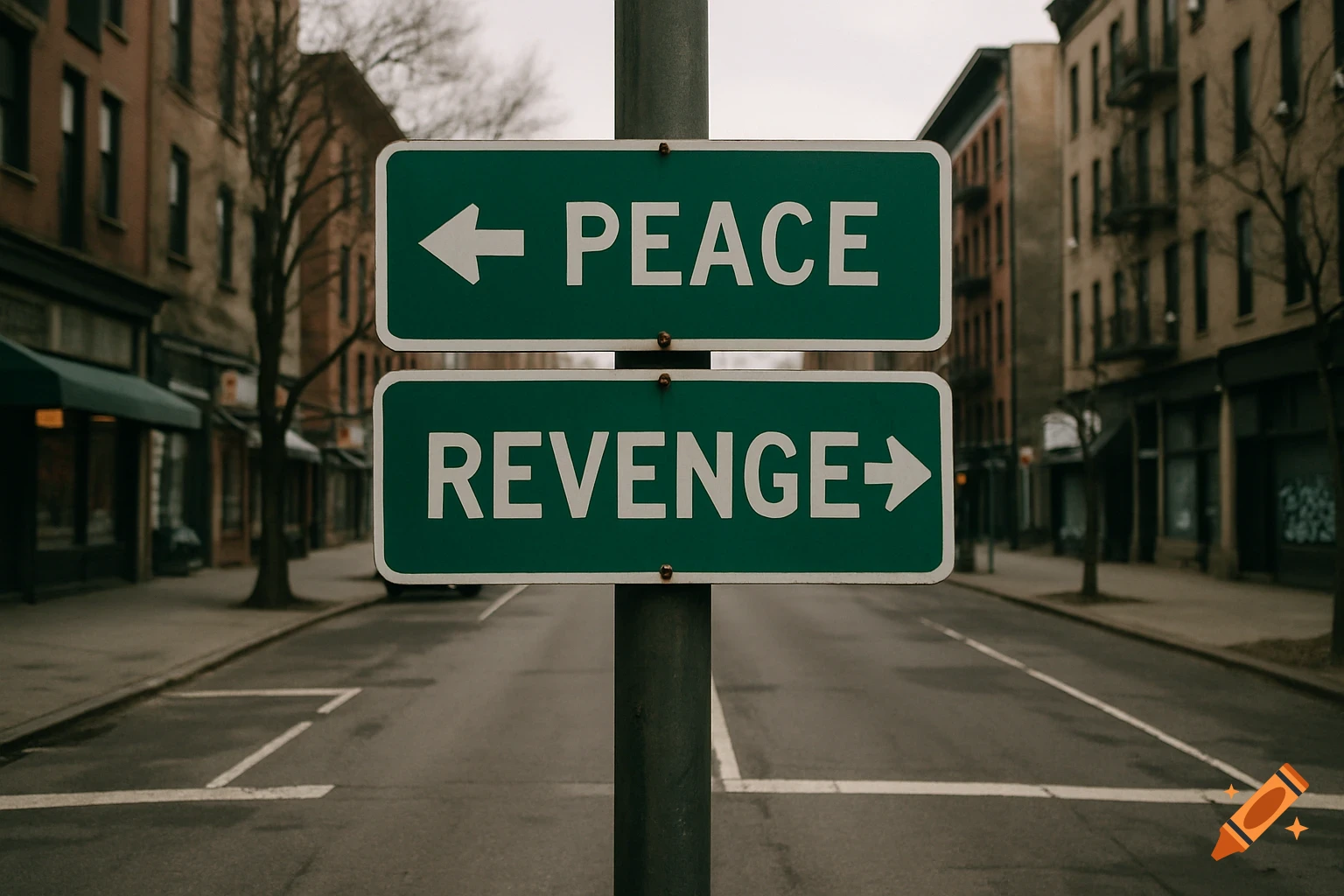 A street sign points left to PEACE and right to REVENGE on a city street.