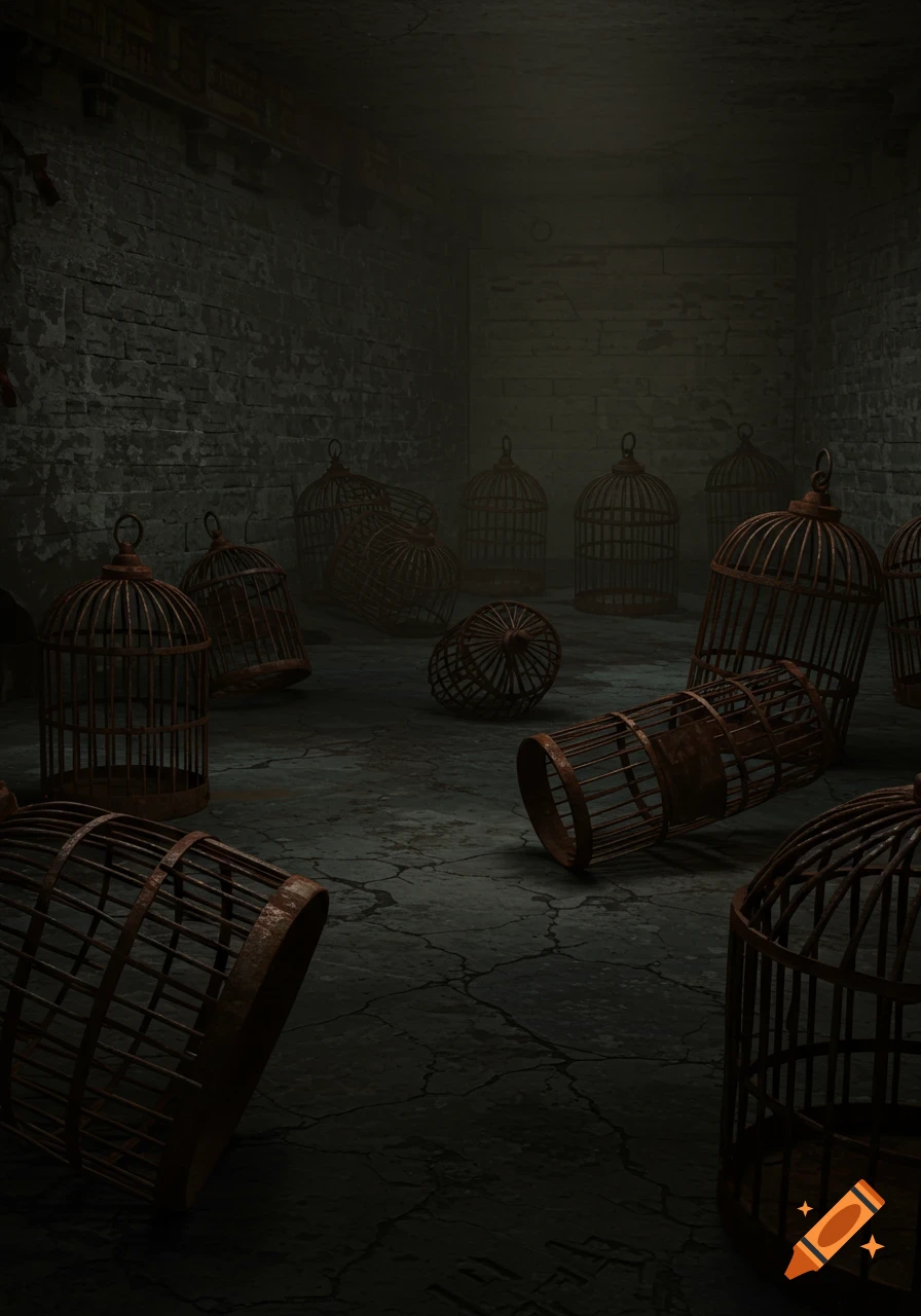 A dark, dusty room filled with many rusty, old bird cages scattered across the cracked floor.