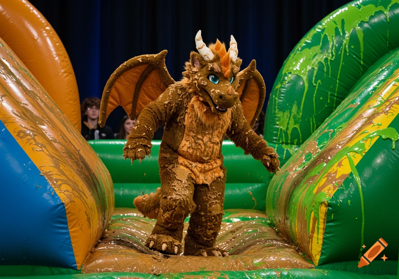 A person in a brown dragon fursuit navigates a muddy inflatable obstacle course.
