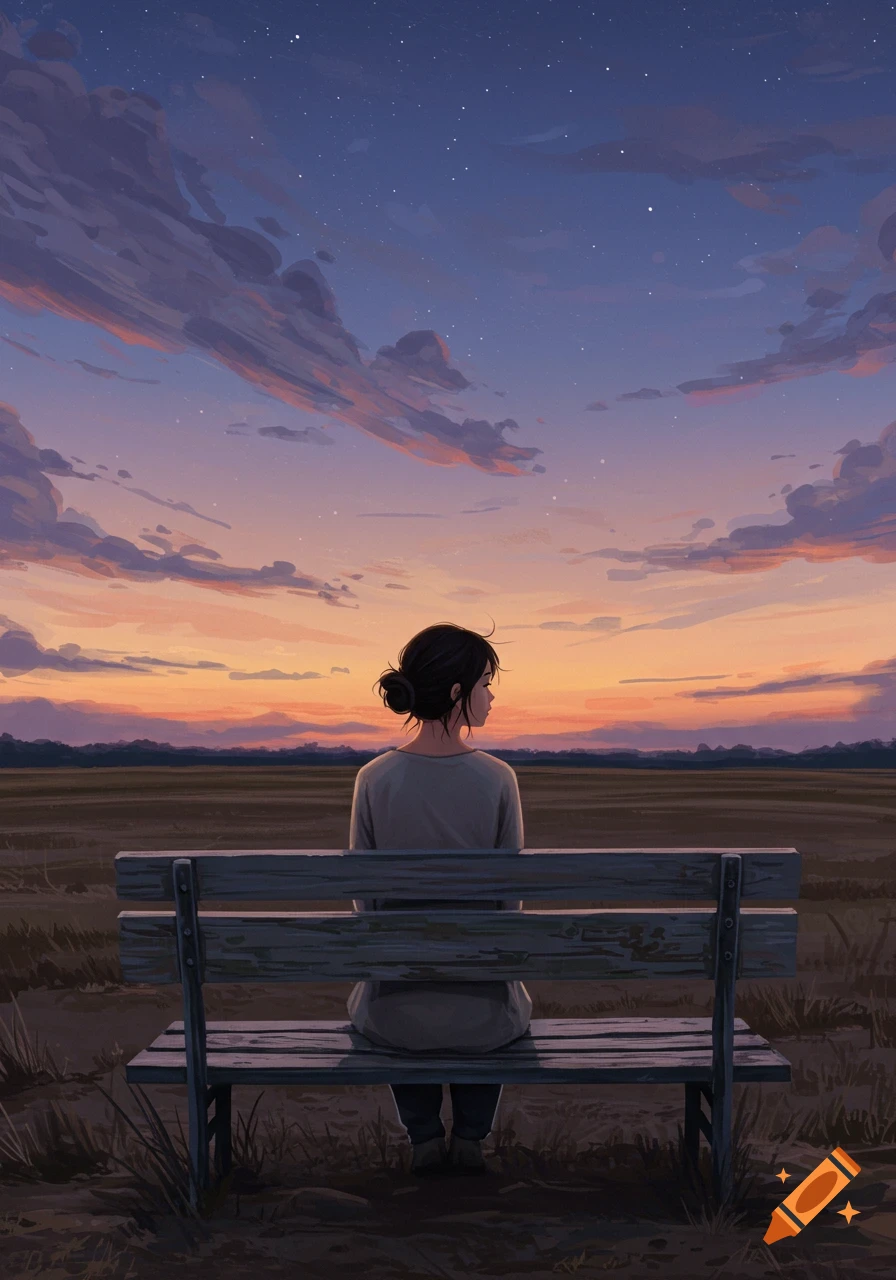Illustration of person sitting on a bench looking at a vast field and colorful sunset sky.