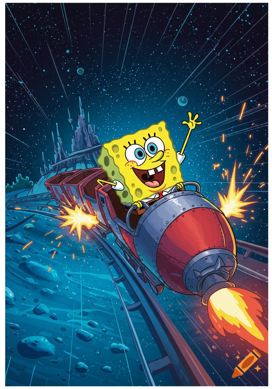 SpongeBob SquarePants rides a rocket roller coaster through space, waving.