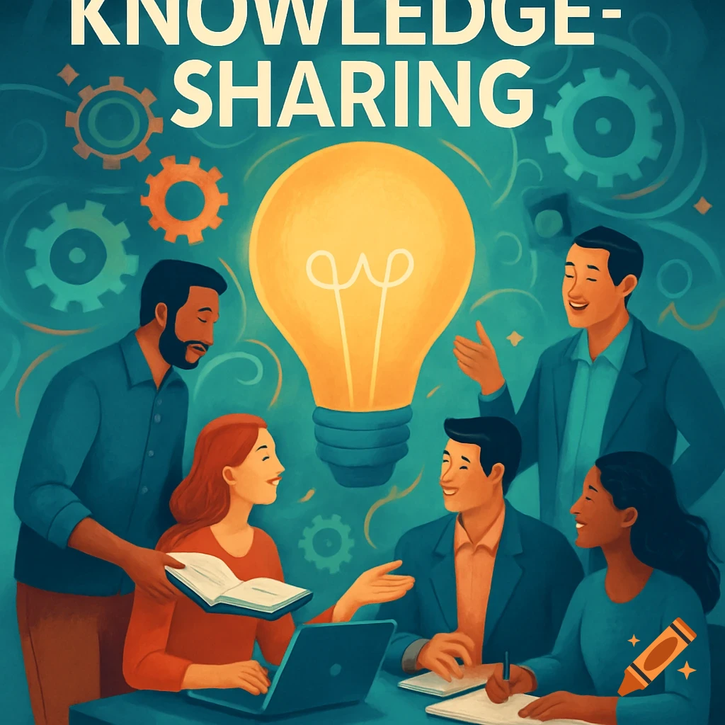 Diverse group of people gathered around a table with a large lightbulb overhead, illustrating knowledge sharing.