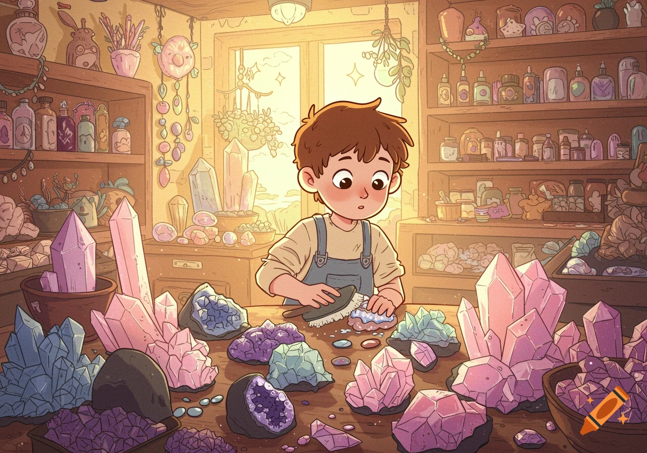 Cartoony illustration of a boy cleaning crystals in a merchant's shop.