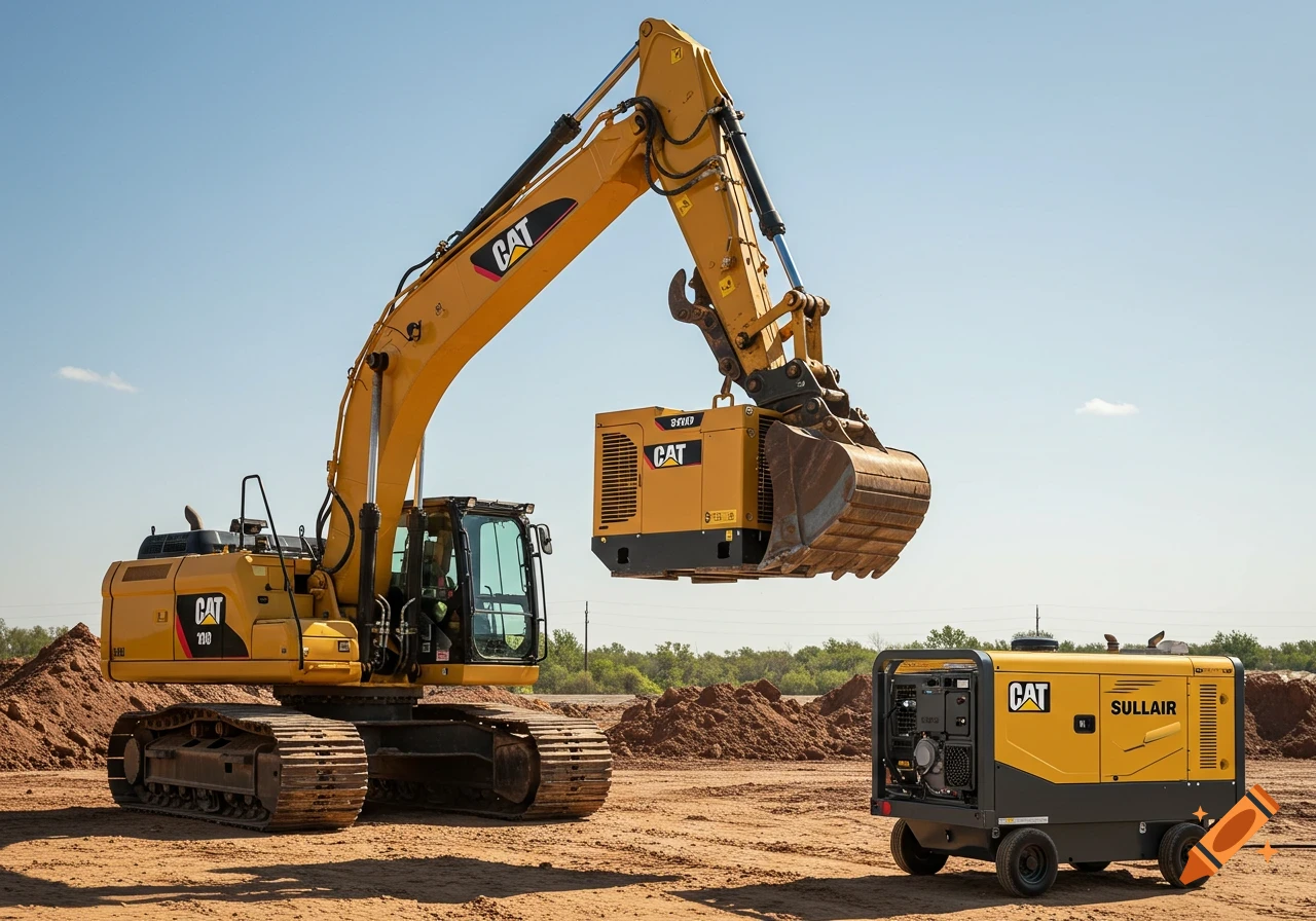 A yellow Caterpillar excavator lifts a yellow generator, with a Sullair generator on wheels on the ground at a construction site under a clear sky.