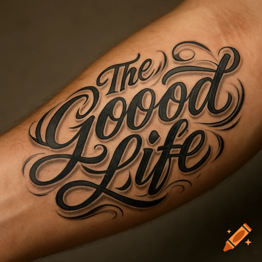 Close-up of a tattoo on a forearm reading 'The Good Life' in a script font  on Craiyon, image size:1024x1024