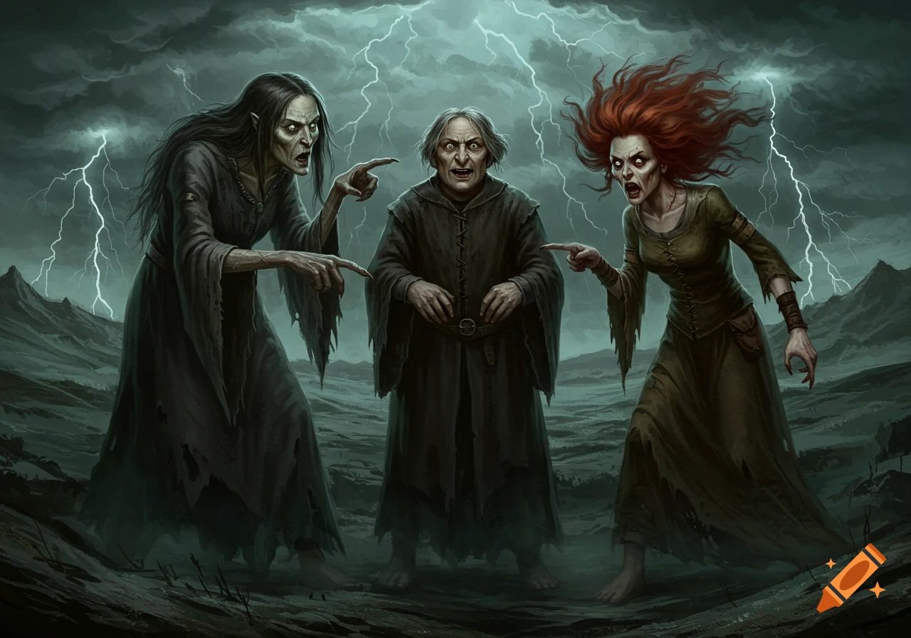 Three grotesque figures resembling witches dramatically point outwards in a stormy, desolate landscape.