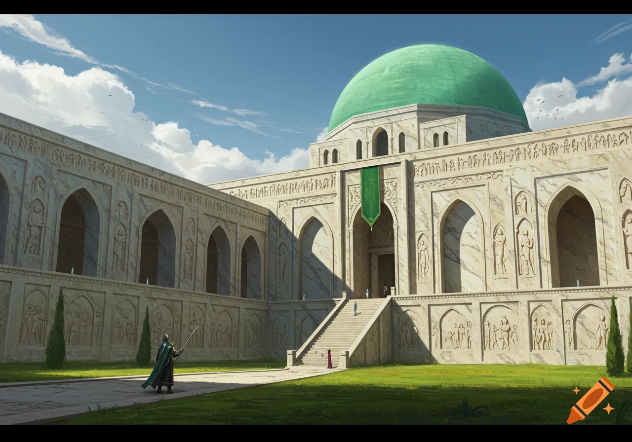 A grand marble building with a large green dome, a courtyard, figures, and carved reliefs under a blue sky.