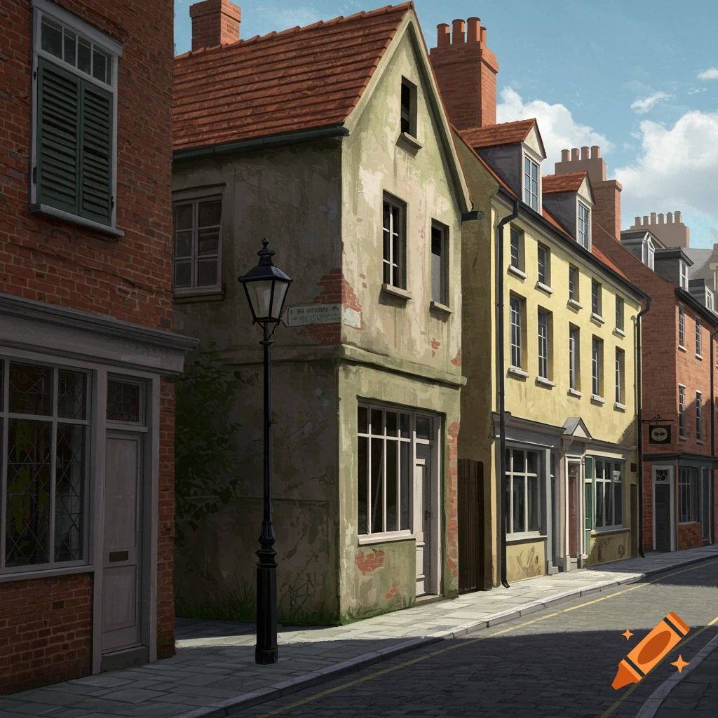 A painterly street scene with old buildings, a street lamp, and a sidewalk.