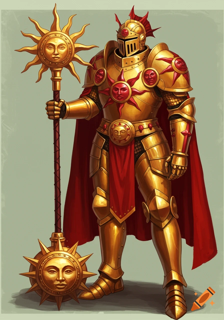 A fantasy knight in golden sun armor and red cape, holding a sun staff and sun mace.