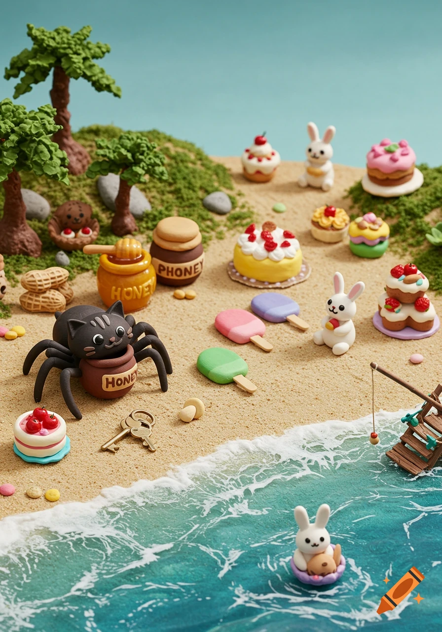 Clay diorama of a beach scene with a cat spider, rabbits, cakes, popsicles, honey pots, and fishing gear.