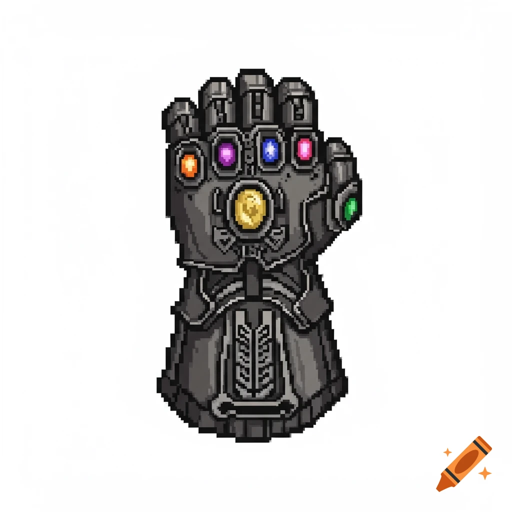 Pixel art of the Infinity Gauntlet with all six colorful stones.