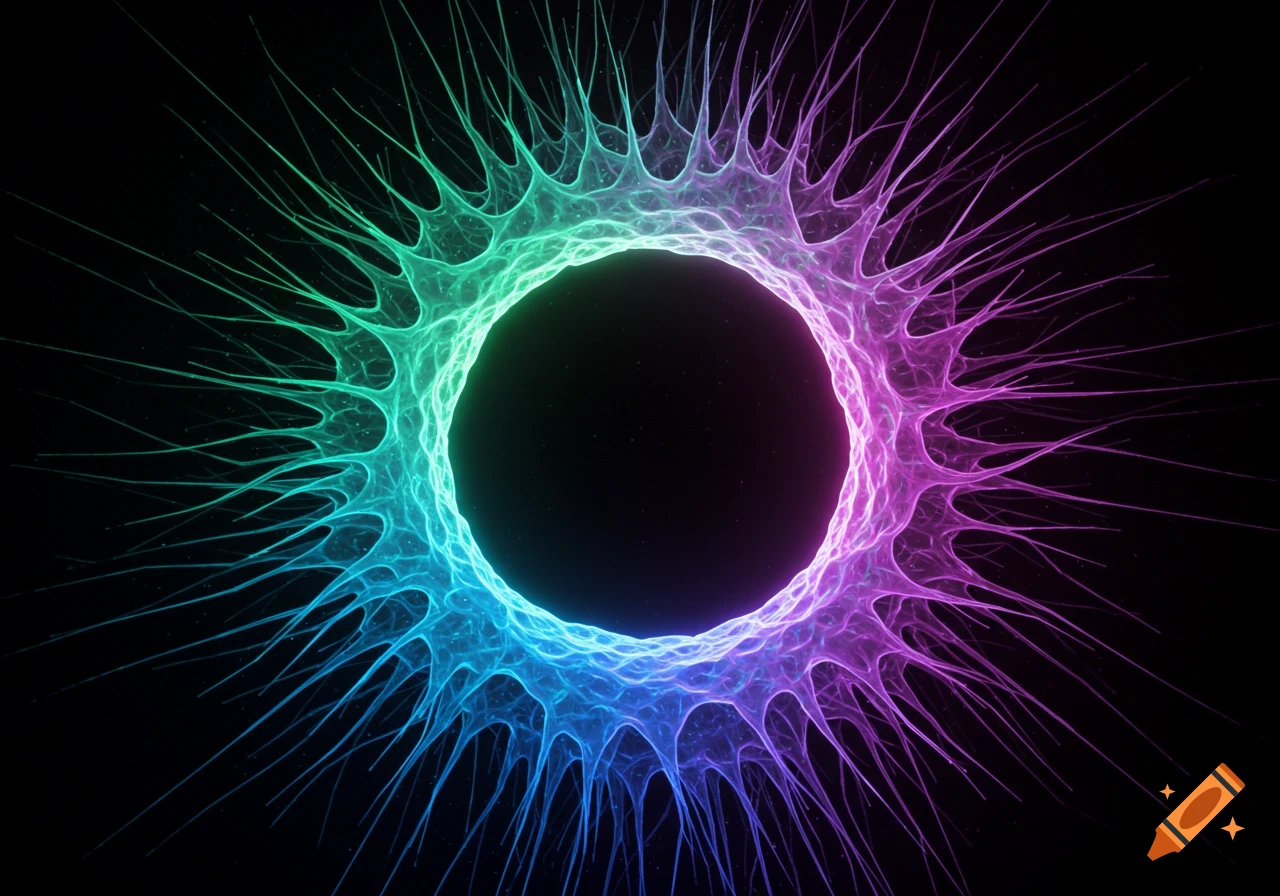 Abstract light shape with radiating lines in green, blue, and purple on black.