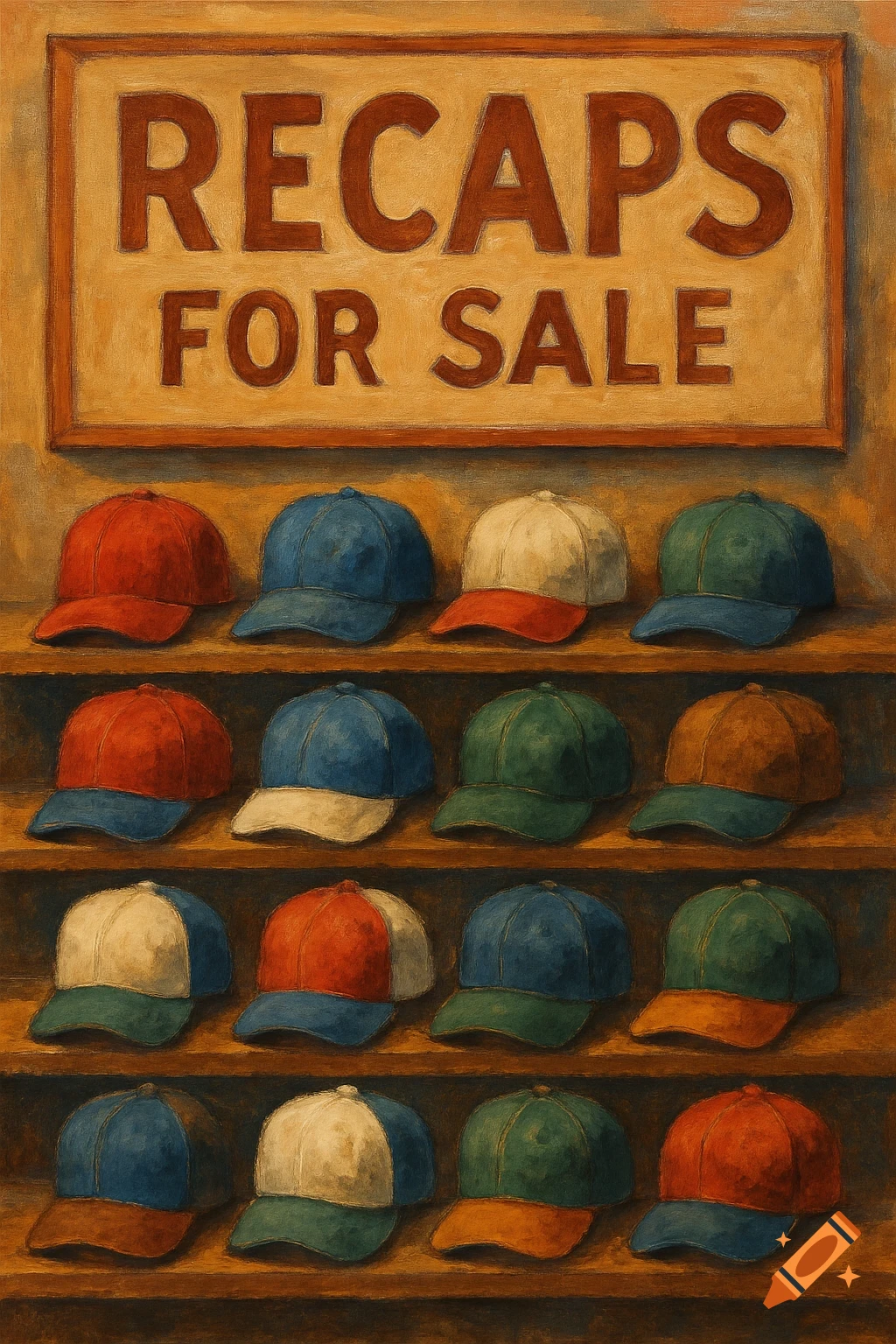 A painting of a display of baseball caps on shelves with a sign that reads 'RECAPS FOR SALE'.