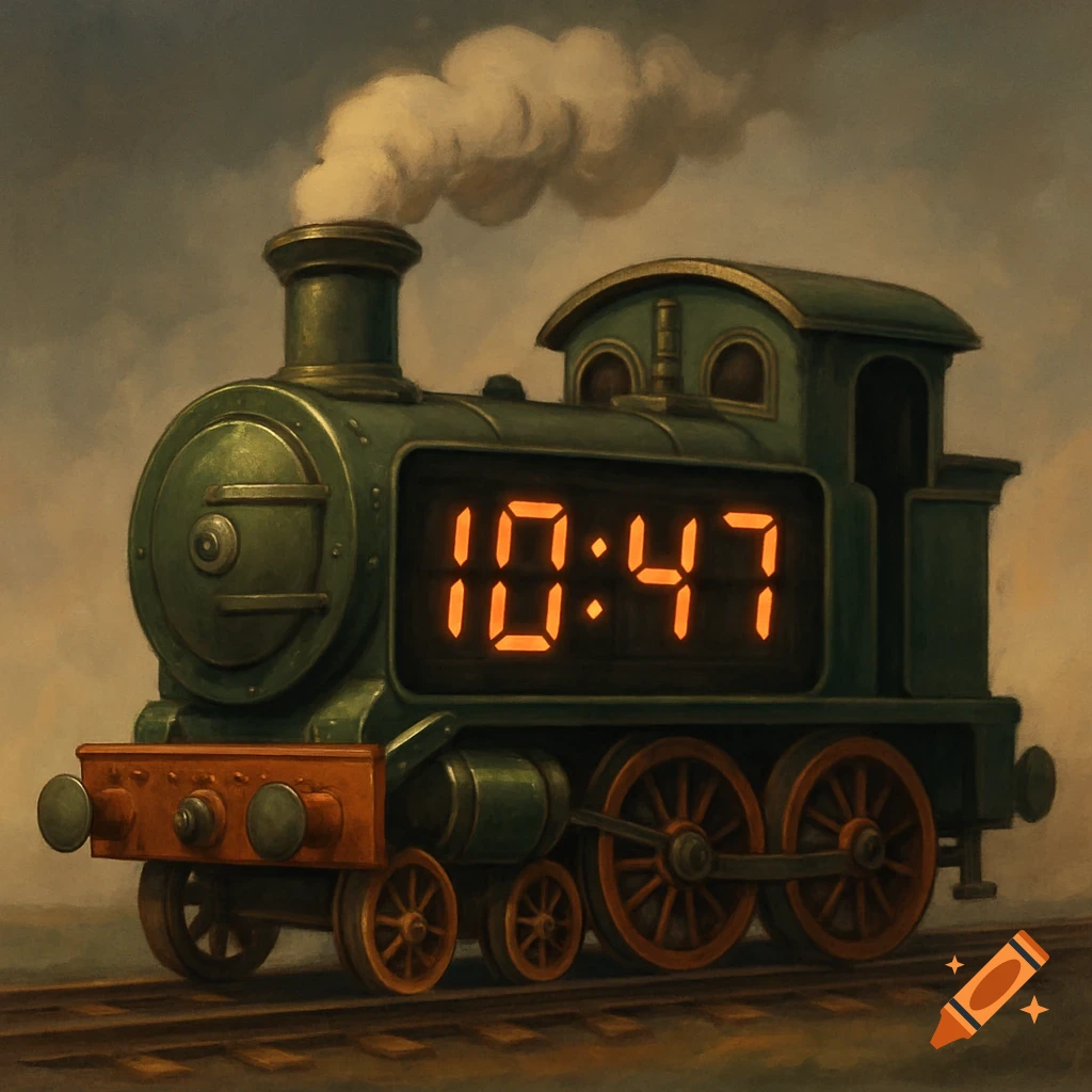 An artistic illustration of a green steam train with a digital clock display on the front showing 10:47.