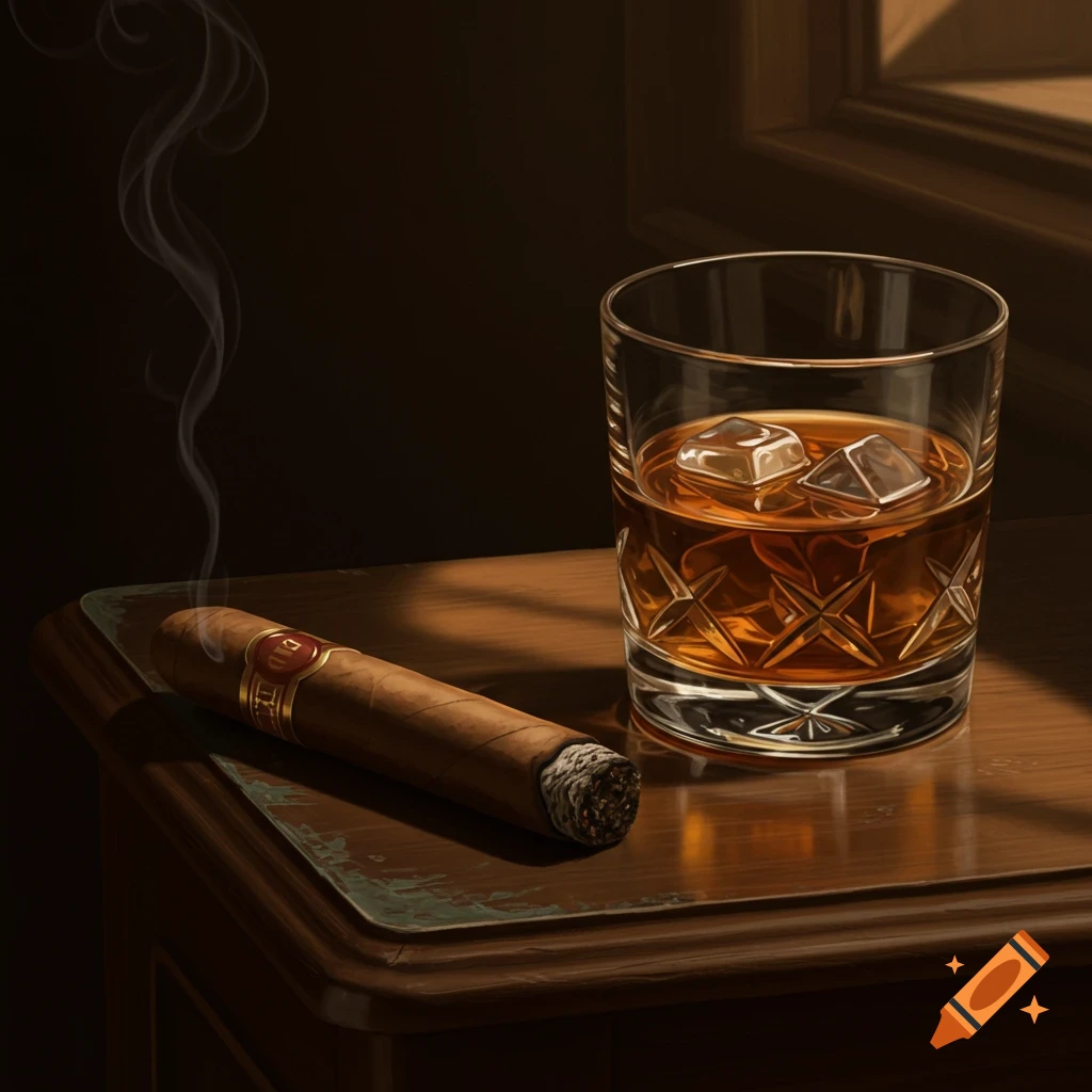 A lit cigar and a glass of whiskey with ice sit on a wooden table.