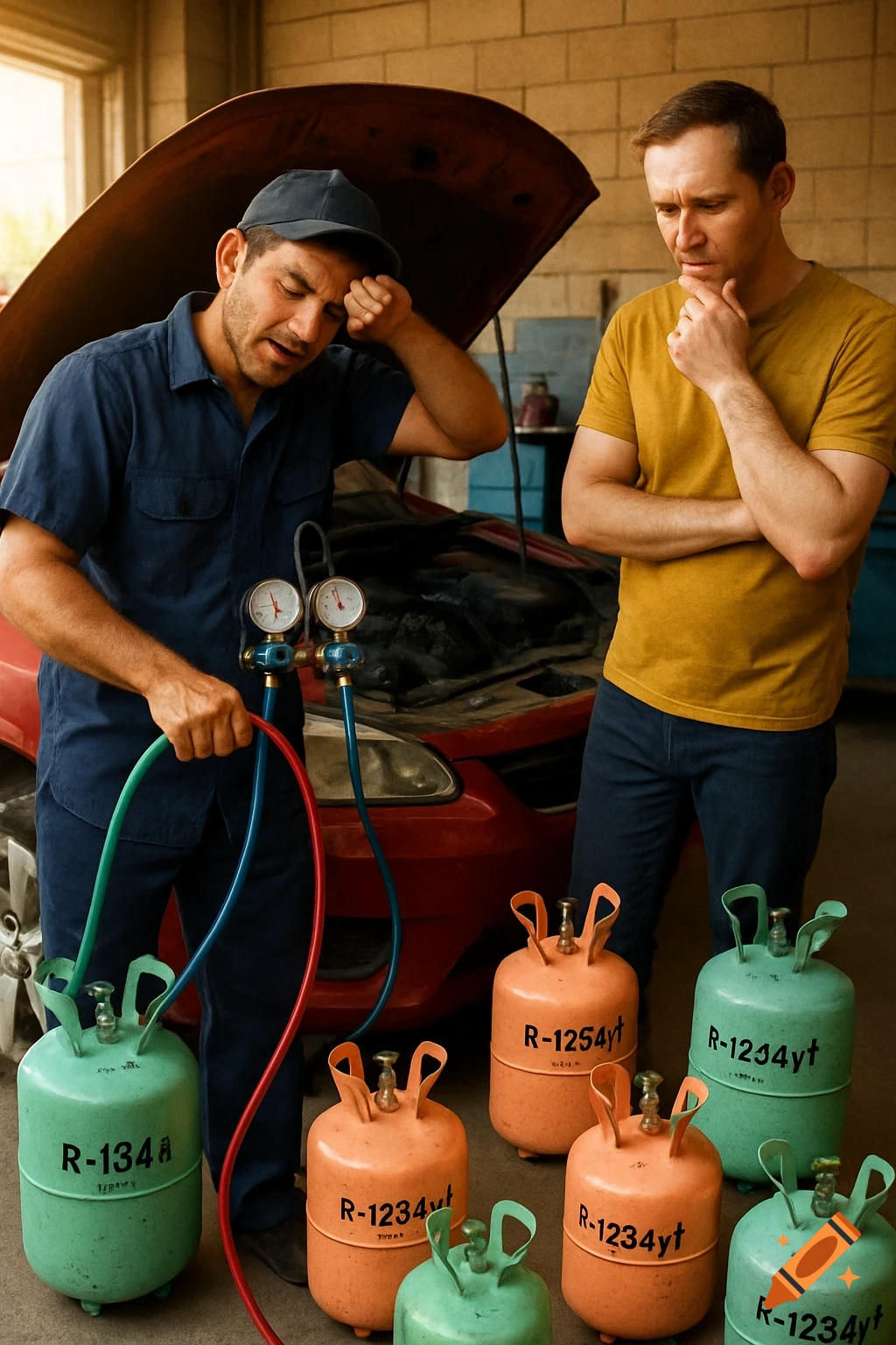 Two men, a mechanic and customer, work on a car's AC in a garage with many refrigerant bottles on the floor.