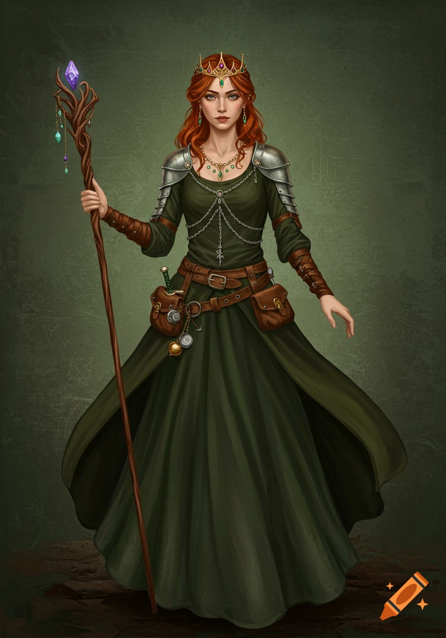 A woman in a green dress, armor, and crown holds a glowing staff.