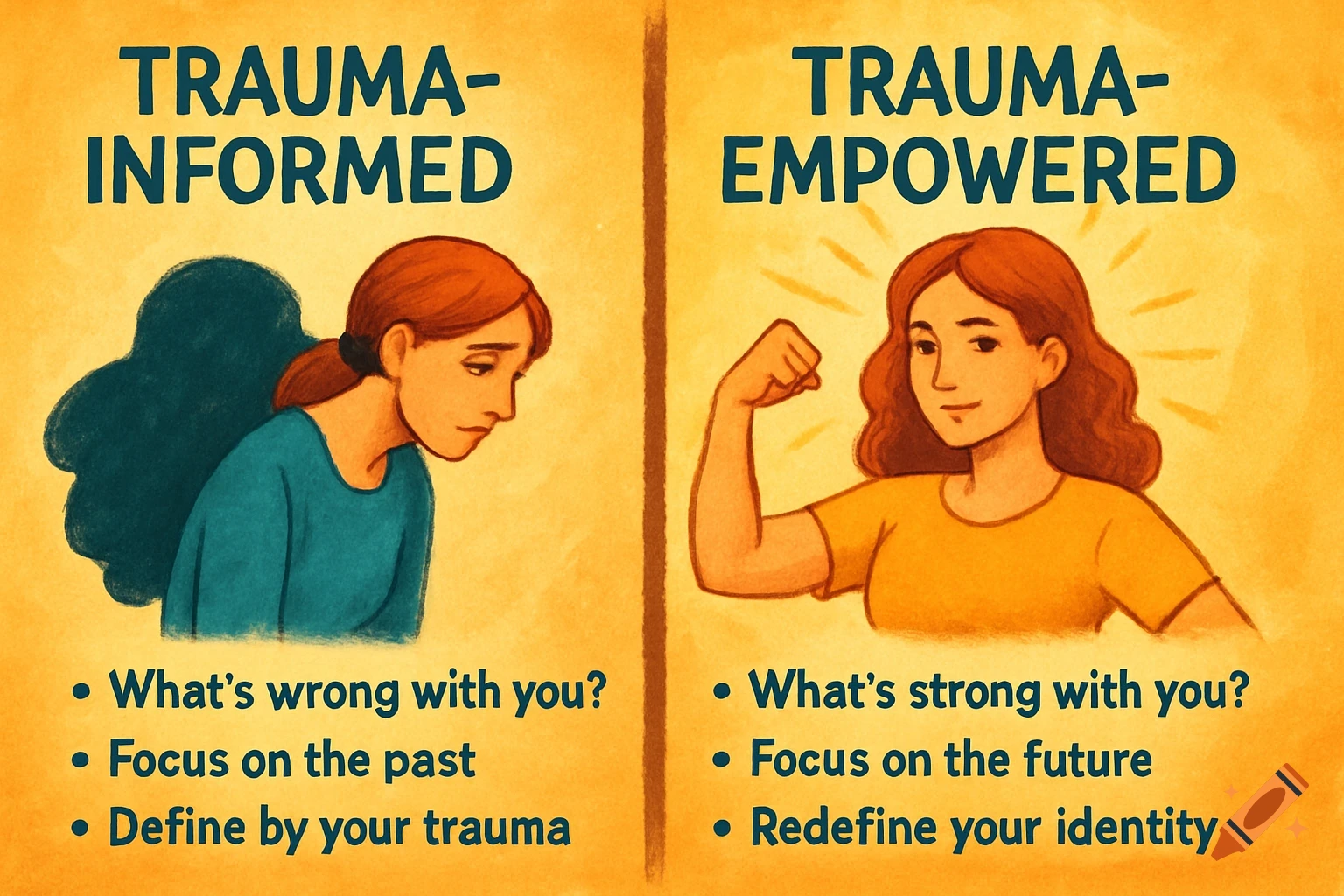 Illustration comparing trauma-informed (sad, past focus) vs trauma-empowered (strong, future focus).