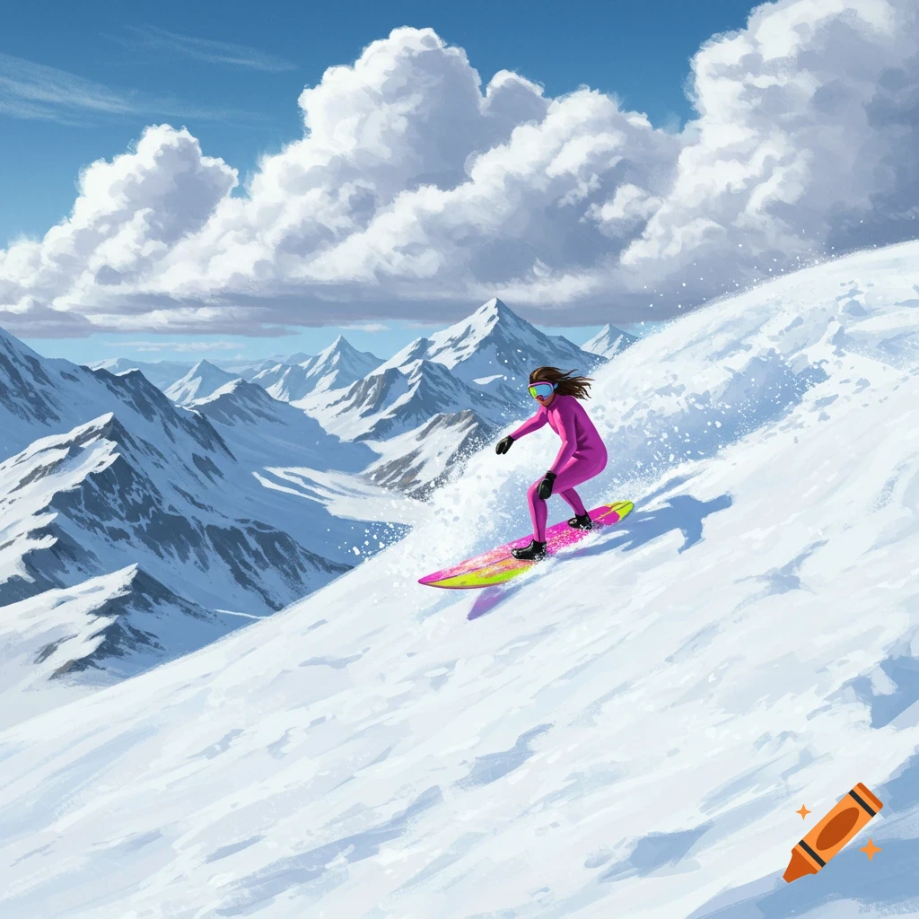 A person in a pink suit snowboards down a snowy mountain slope under a cloudy blue sky.
