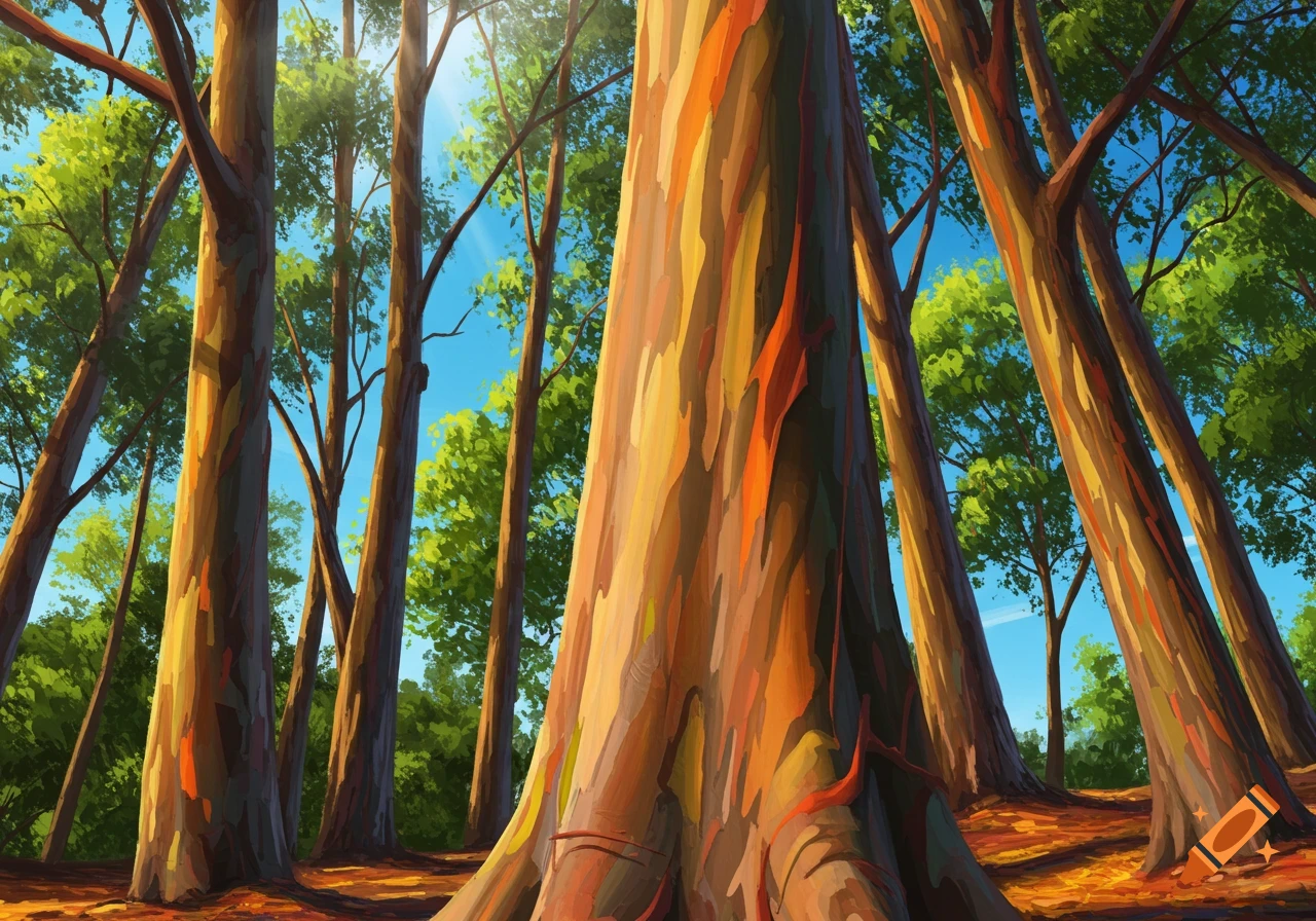 View looking up at colorful rainbow eucalyptus trees in a forest, illustration style.