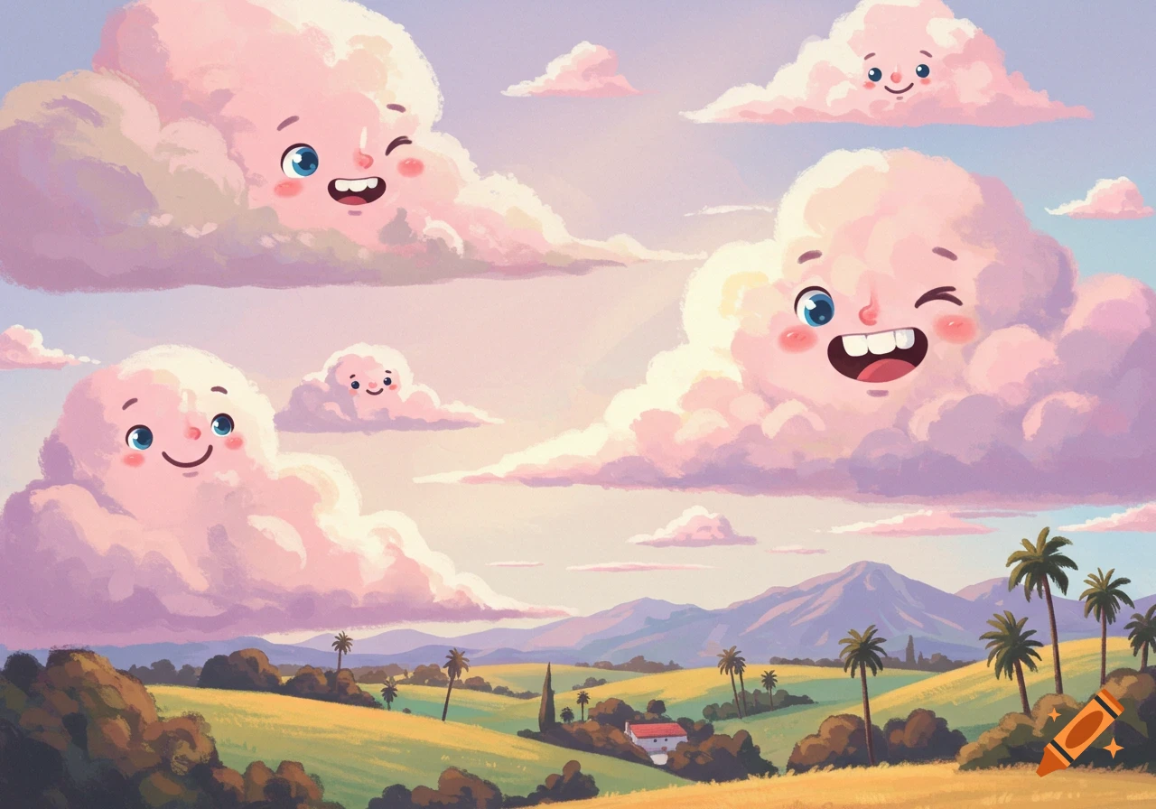 Cartoon pink clouds with faces float over a sunny green and yellow landscape with hills and trees.