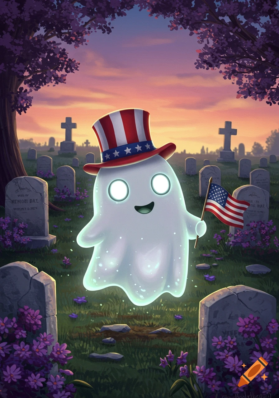 A cute ghost in a patriotic hat holds an American flag in a cemetery at sunset.