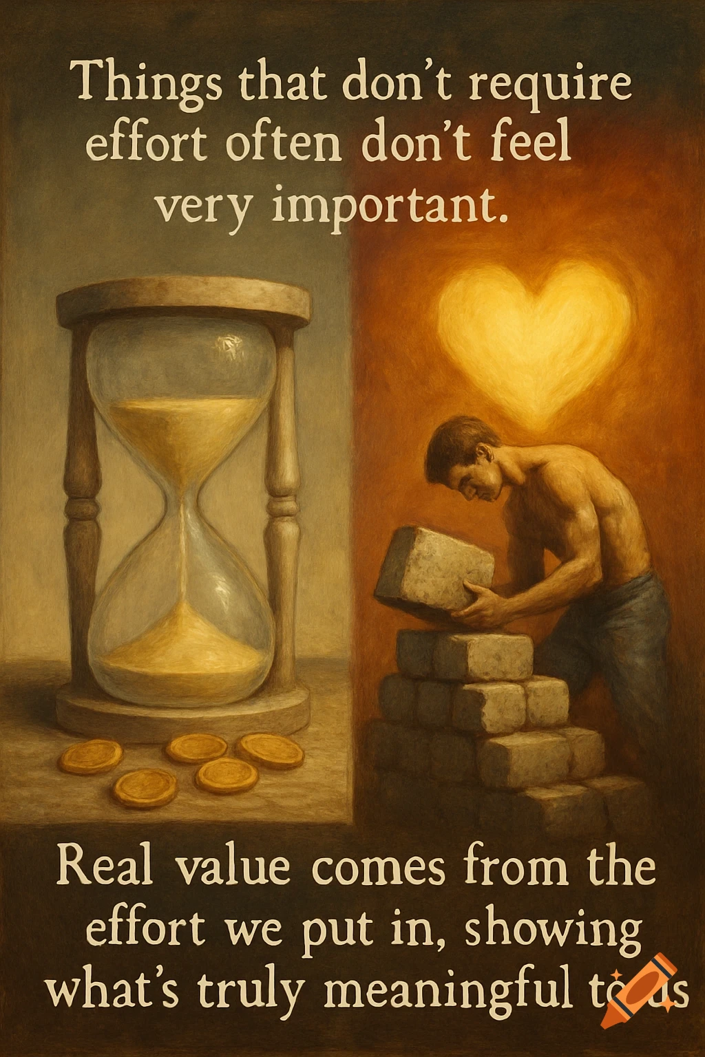 Painterly image with an hourglass, coins, and a man building a wall under a glowing heart, with overlaid text.