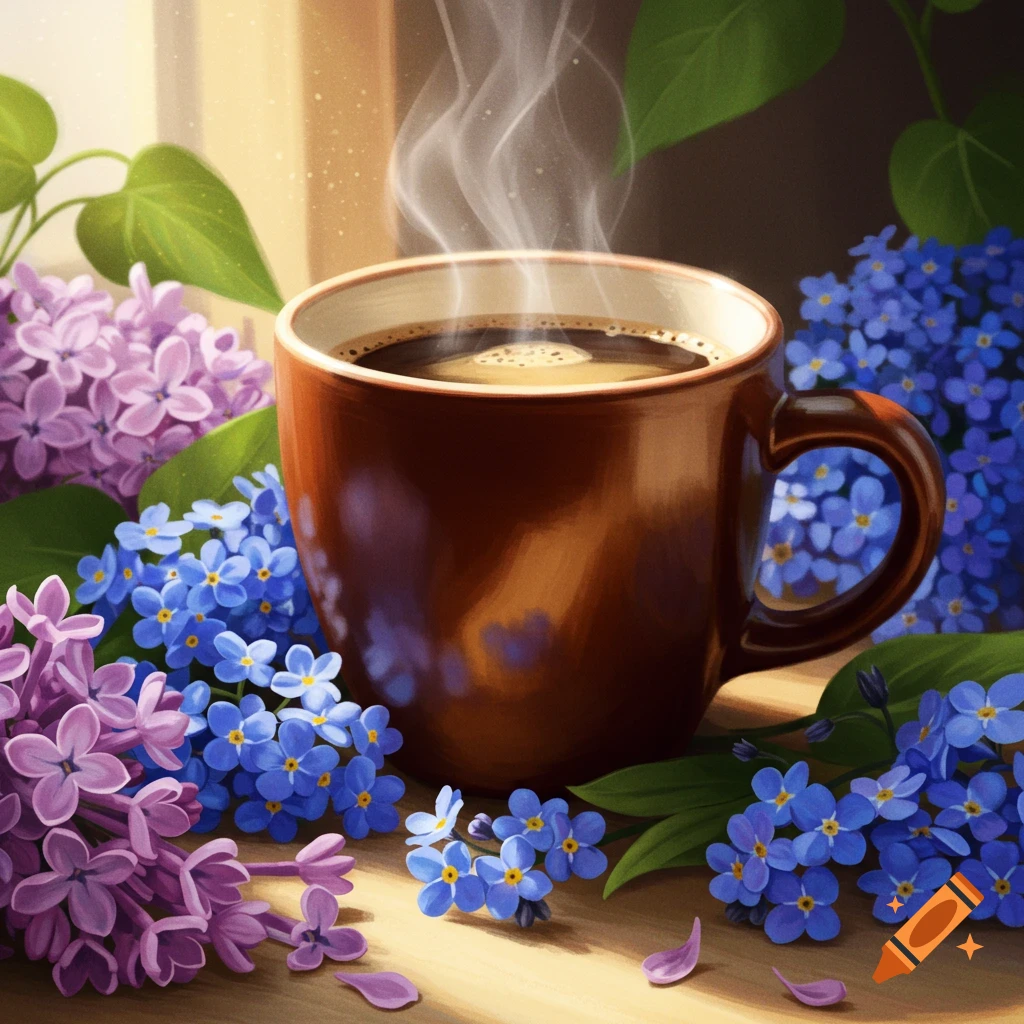 A coffee cup surrounded by purple lilac and blue forget-me-not flowers in a painterly style.