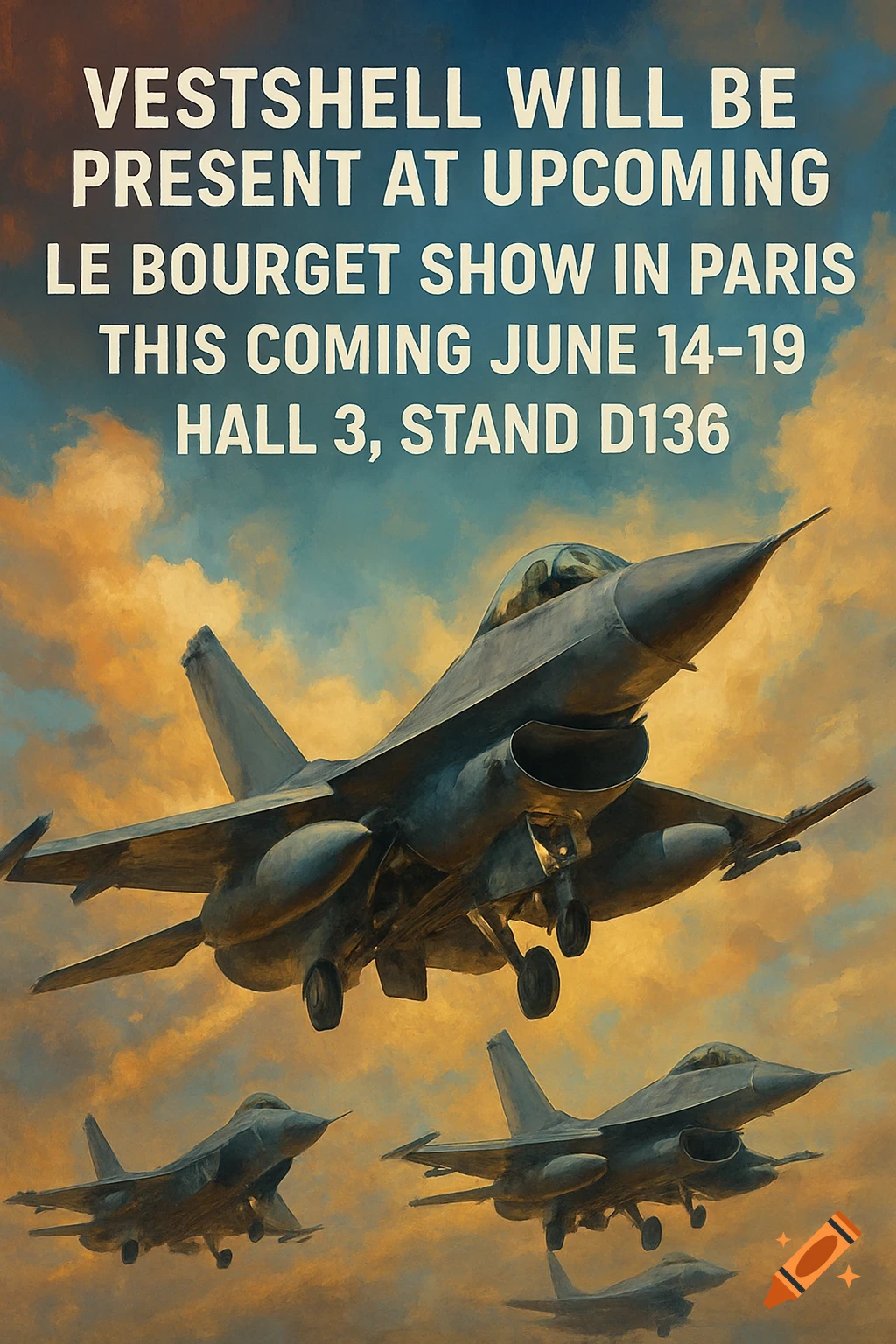 Multiple fighter jets fly against a cloudy sky with text about an air show.