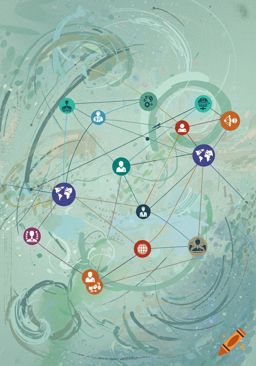 Network diagram with colorful icons of people, maps, and symbols connected by lines over an abstract green background.