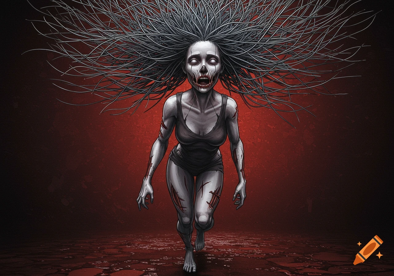 A creepy figure with wire hair, pale skin, cuts, and an open mouth walking towards the viewer against a red background.