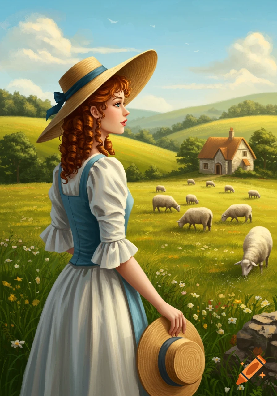 An idealized shepherdess in a dress and straw hat stands in a green field with sheep and a cottage.