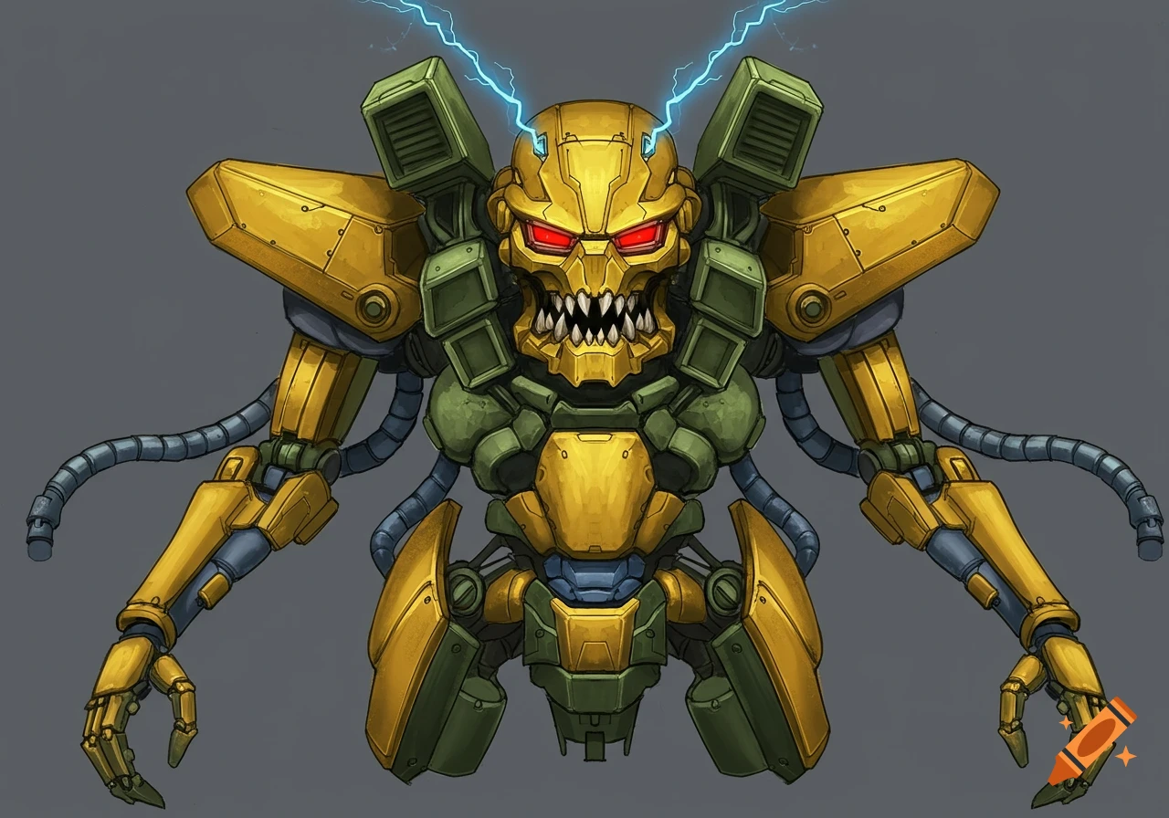 Detailed illustration of a gold and green robot with a skull face, red eyes, sharp teeth, and lightning.