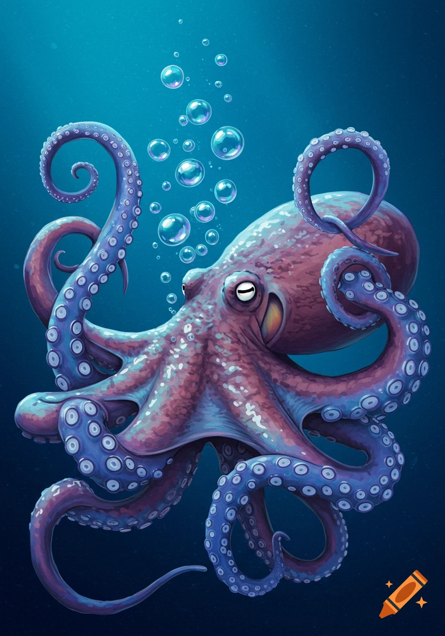 Stylized illustration of a purple octopus underwater with bubbles