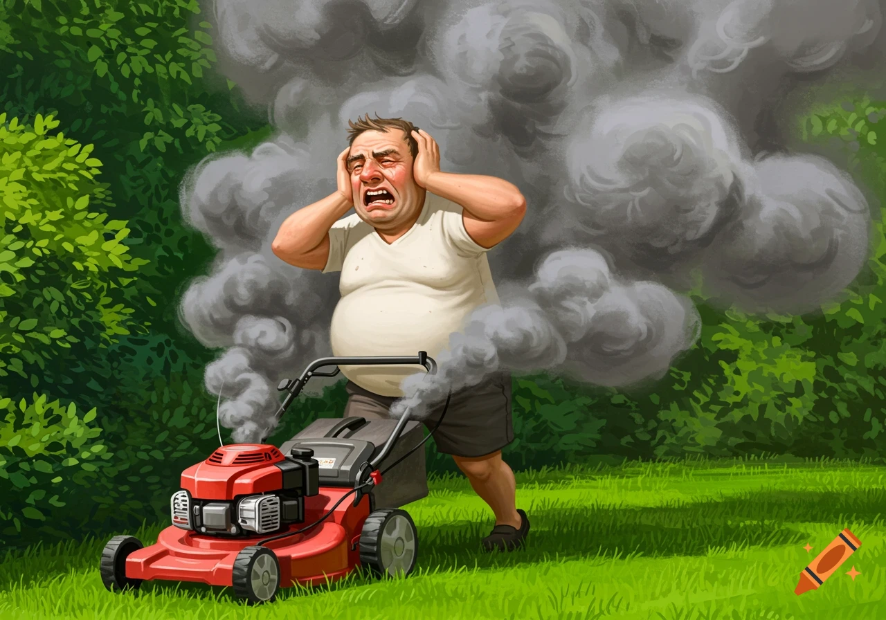 Illustration of a man covering his ears as a red lawnmower spews thick smoke around him in a yard.
