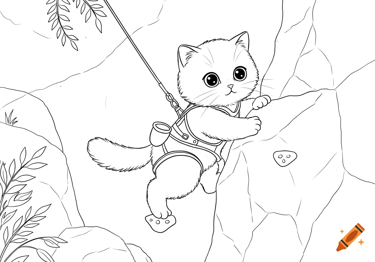 Cute kitten in a harness rock climbing a rock wall, black and white line art.