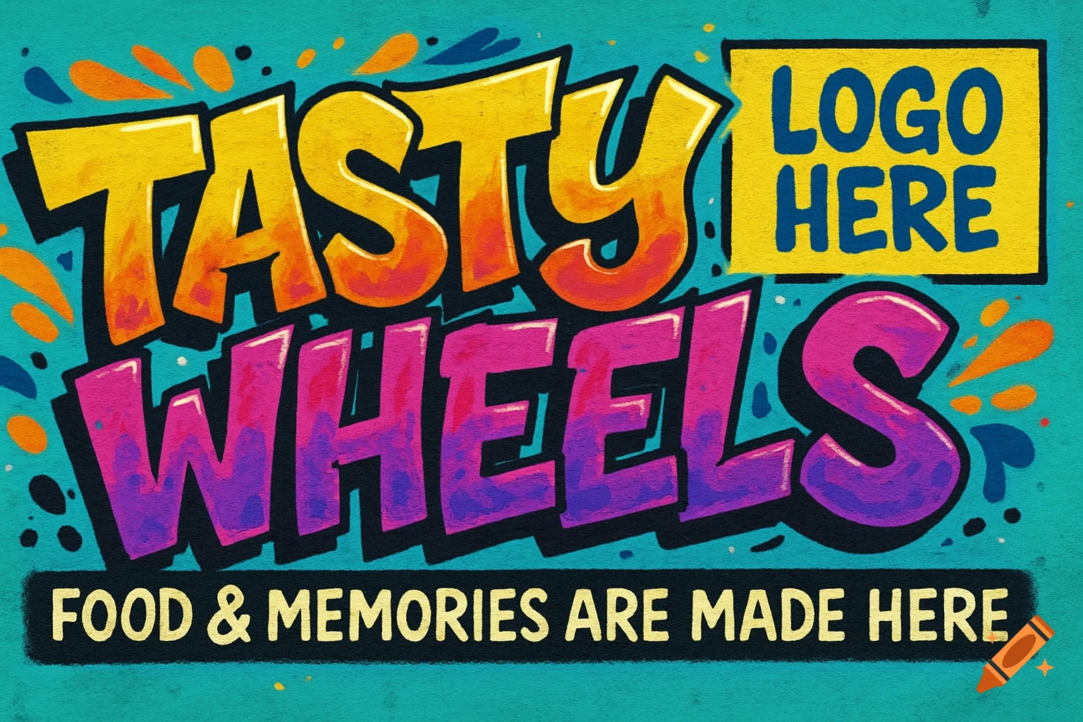 Graffiti style banner with text "TASTY WHEELS", "FOOD & MEMORIES ARE MADE HERE", and a box for a "LOGO HERE".