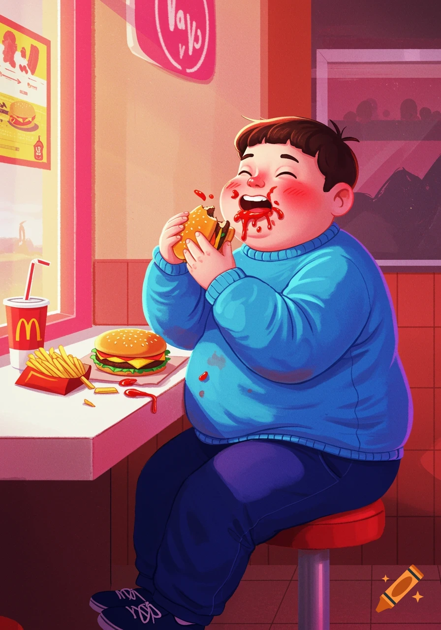 A cartoon boy messily eating a hamburger at a fast food restaurant table with fries and a drink.