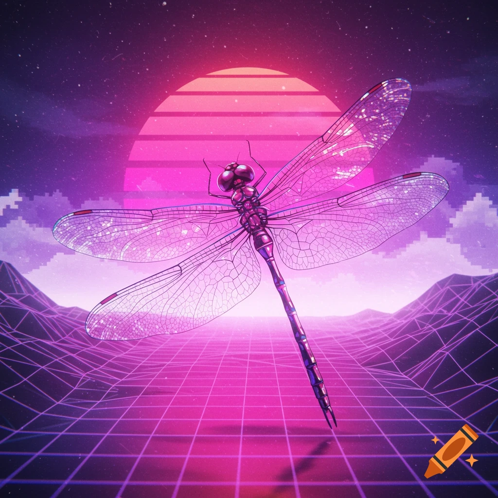 A large dragonfly hovers over a pink and purple retro grid landscape at sunset in vaporwave style.