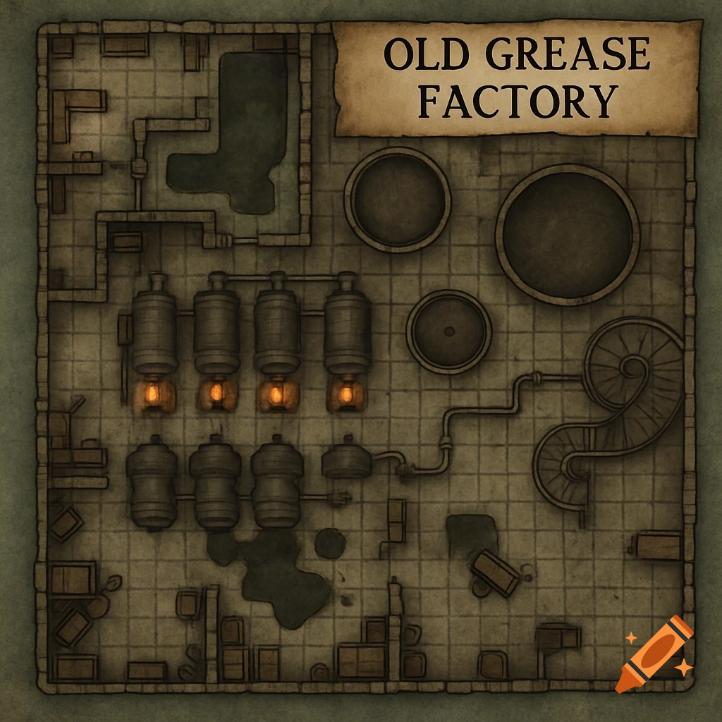 A top-down fantasy map showing the layout of an old grease factory.