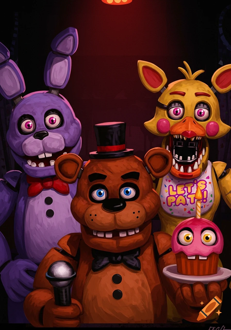 Stylized illustration of FNAF animatronics Freddy, Bonnie, and Chica, with Chica holding a cupcake.
