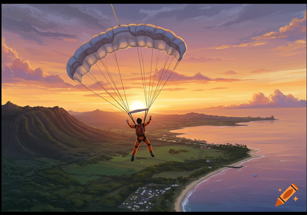A skydiver descends over a tropical coastal landscape at sunset in a vibrant illustration.